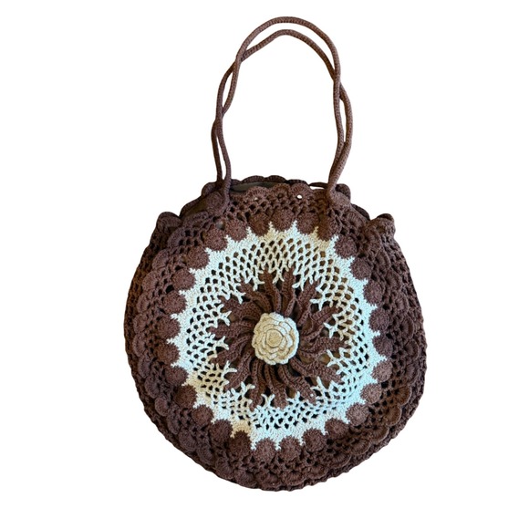 bebe Handbags - Bebe Crochet Circle Bag Purse Brown Boho Floral Hippie 70s Retro Cottagecore